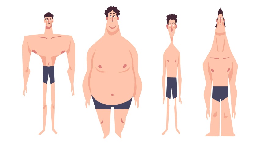 Bild på olika kroppstyper och hur kroppen kan förändras genom träning och kost.