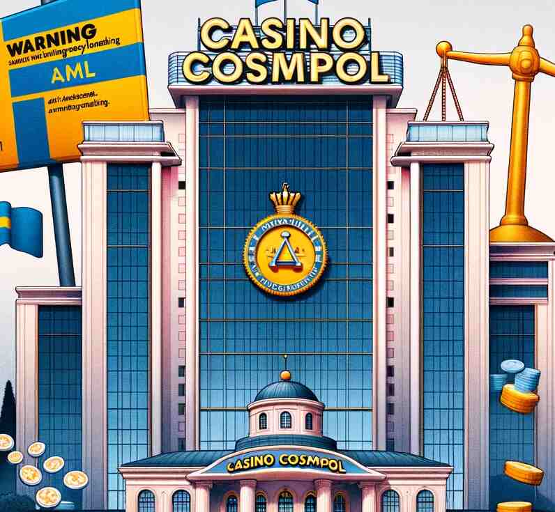 Illustration av Casino Cosmopol byggnaden med en varningsskylt för 'AML - Anti-Pengatvätt' och svensk flagga, samt rättvisans våg som symboliserar juridisk granskning.