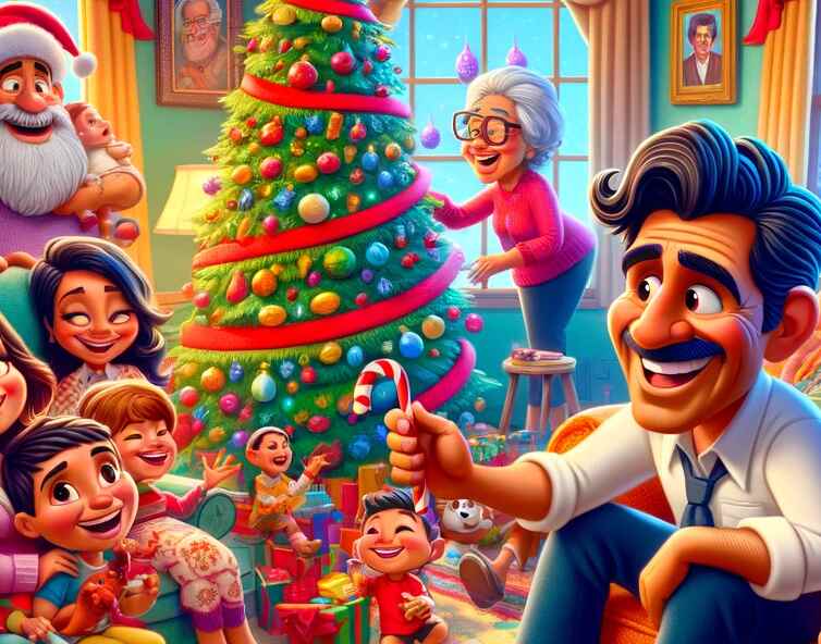 En animerad julscen där pappan väljer att umgås med sin familj istället för att spela på online casino. Familjen firar tillsammans i ett färgglatt vardagsrum, dekorerat för julen.
