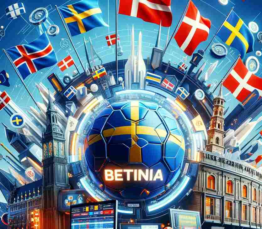 En modern, digital framställning av Soft2Bets online-spelplattform Betinia, med tonvikt på deras framgång på den skandinaviska marknaden, illustrerad med nationella flaggor och teknologiska symboler.