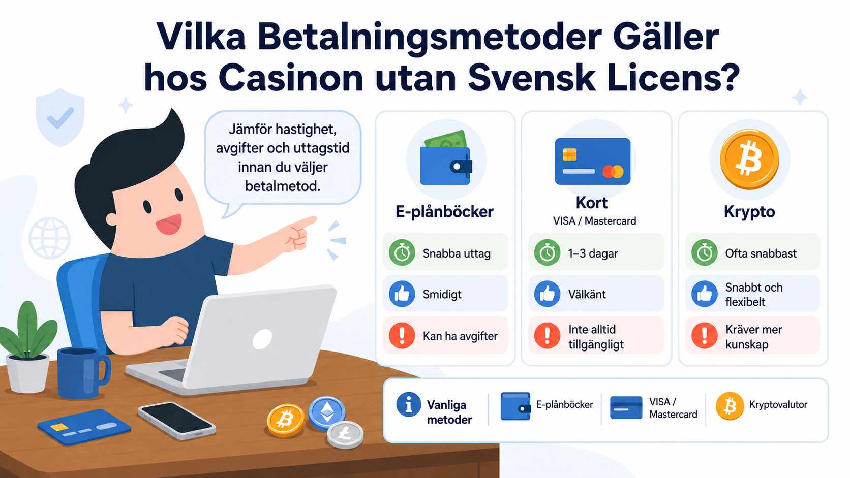 Bild på en spelare vid datorn som jämför betalningsmetoder hos casinon utan svensk licens, med e-plånböcker, kort och kryptovalutor samt information om hastighet, avgifter och uttagstid.