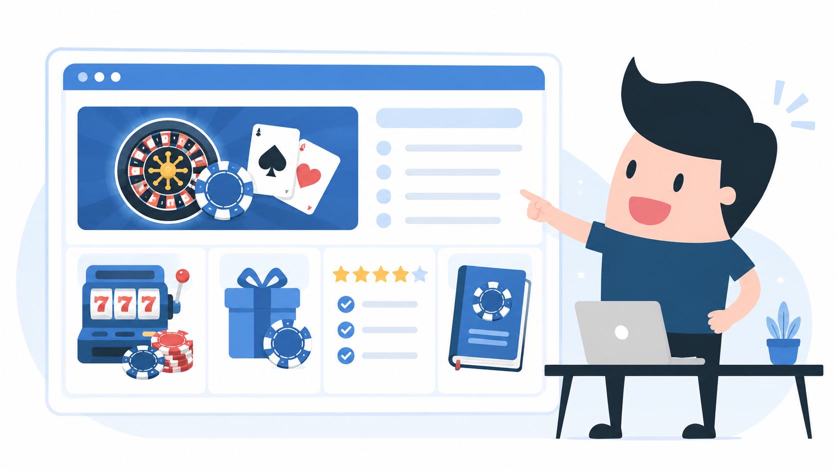 Illustration av en spelare som pekar på en översiktspanel med casinosidor, spelguider, bonusar, recensioner och spelutbud.