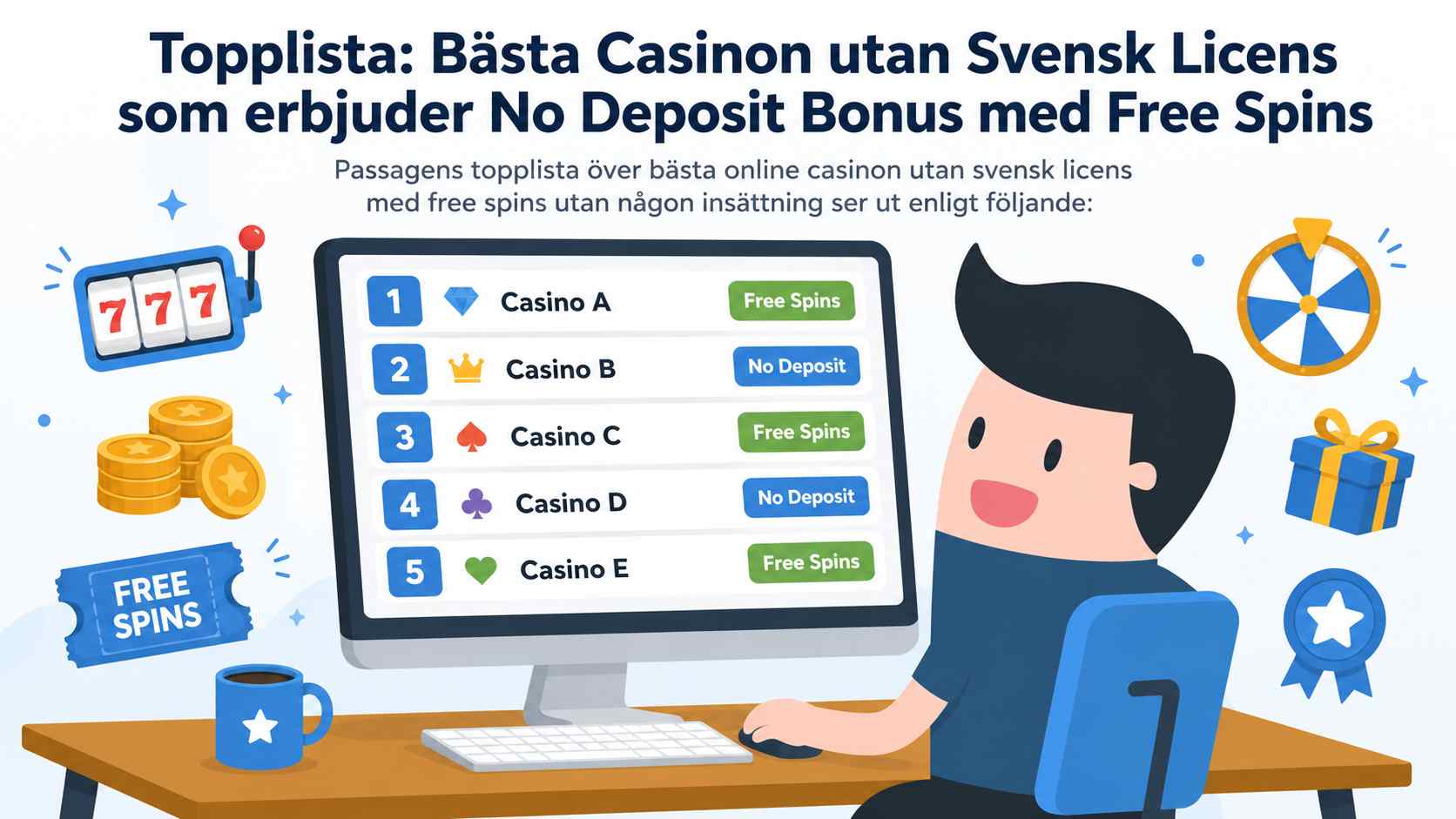 Bild på en spelare vid datorn som tittar på en topplista över casinon utan svensk licens med no deposit bonus och free spins, med bonusetiketter på skärmen och symboler för slots, mynt och free spins runtom.