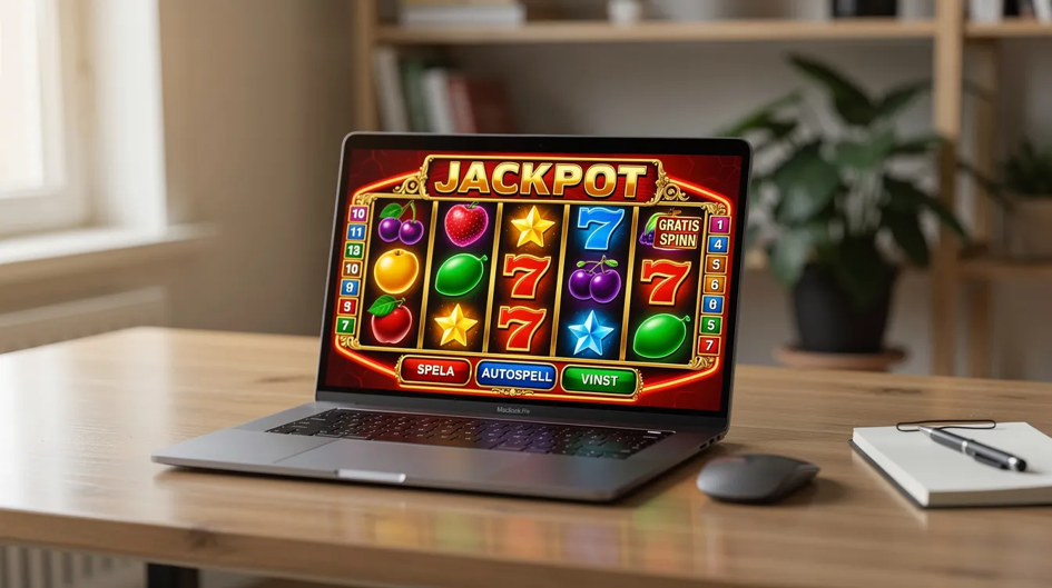 En bärbar dator står på ett skrivbord i ett hemmakontor, där skärmen visar färgglada symboler från spelautomater. Denna bild kan associeras med spel och underhållning, som att spela på casinon utan svensk licens.