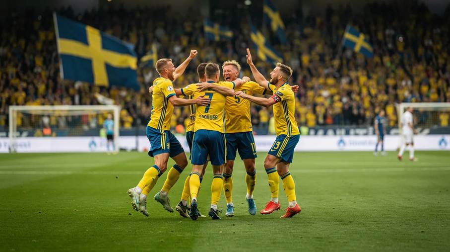 Svenska fotbollsspelare i gula tröjor firar ett mål tillsammans på en grön plan, omgivna av jublande fans. Detta ögonblick fångar glädjen och lagandan inför kommande matcher i fotbolls VM 2026.