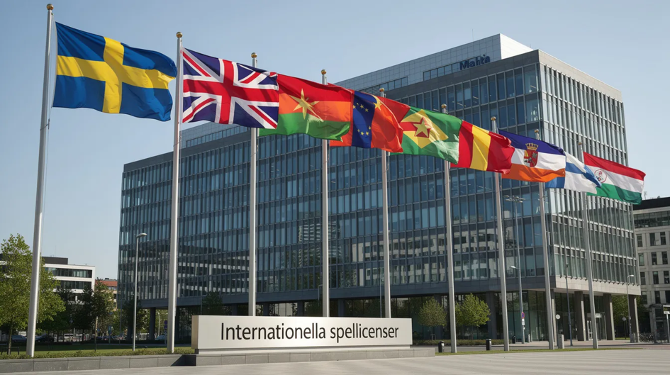 En rad av olika lands flaggor står uppradade bredvid varandra, vilket symboliserar internationella spellicenser. Dessa flaggor representerar bland annat casinon utan svensk licens och spelbolag som erbjuder alternativ för svenska spelare.