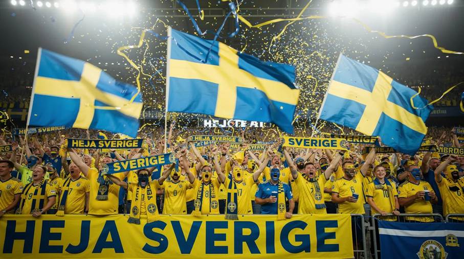 En stor grupp svenska fotbollsfans står på en fullsatt läktare och viftar med svenska flaggor, som visar deras stöd inför fotbolls-VM 2026. Den entusiastiska stämningen är påtaglig när de förbereder sig för matcher i grupp F.