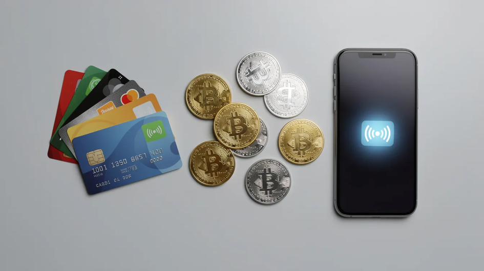 Bildbeskrivning: En yta med olika betalningsmetoder som symboliseras av kreditkort, kryptomynt och en mobiltelefon, vilket visar på mångfalden av alternativ för insättningar och uttag hos casinon utan svensk licens. Dessa metoder erbjuder flexibilitet för spelare som vill spela på utländska spelbolag.