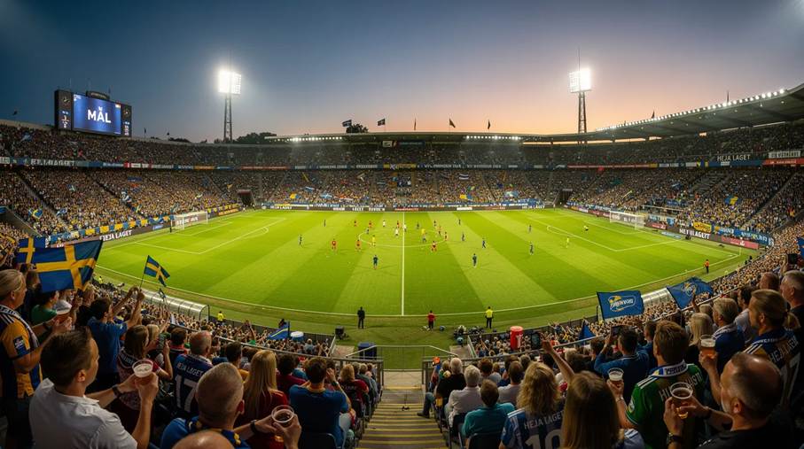 Svenska fotbollsspelare i gula tröjor firar ett mål tillsammans på en grön plan, omgivna av jublande fans. Detta ögonblick fångar glädjen och lagandan inför kommande matcher i fotbolls VM 2026.